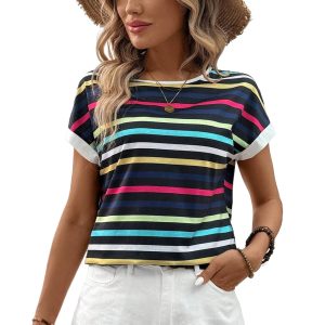 Women's Black Stripe Multicolor Contrast Edge Crew Neck T-Shirt