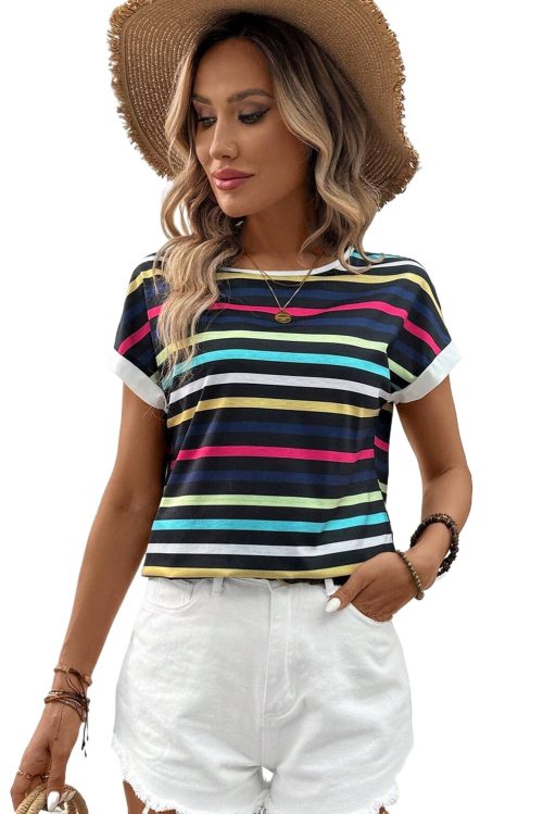 Women's Black Stripe Multicolor Contrast Edge Crew Neck T-Shirt