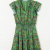 Women's Vibrant Green Floral Tie Split Neck Ruffled Tiered Short Dress - Image 7