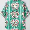 Women's Sea Green Boho Abstract Print Contrast Striped V Neck Blouse - Image 6