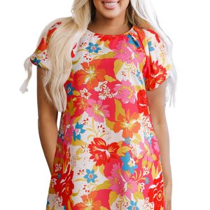 Women's Pink Floral Print Bubble Short Sleeve Dress - Elegant Shift Style for Casual & Semi-Formal Occasions