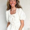 Elegant Women's White Bow Knot Decor Square Neck Puff Sleeve Peplum Top - Image 14