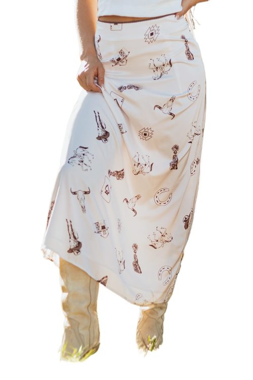 Women's Beige Western Print Satin Long Skirt - High Waist, Maxi Length