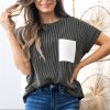 Women's Carbon Grey Corded Knit Color Block Crew Neck T-Shirt with Pocket - Image 5