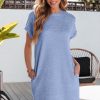 Women's Myosotis Blue Solid Color Textured Crinkle Short Sleeve T-Shirt Dress - Image 3