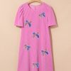 Bright Pink Sequin Bow Spiral Ribbed Puff Sleeve T-Shirt Dress with Flag Pattern - Image 8