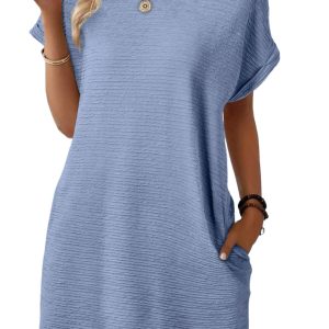 Women's Myosotis Blue Solid Color Textured Crinkle Short Sleeve T-Shirt Dress