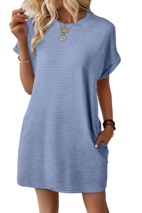 Women's Myosotis Blue Solid Color Textured Crinkle Short Sleeve T-Shirt Dress
