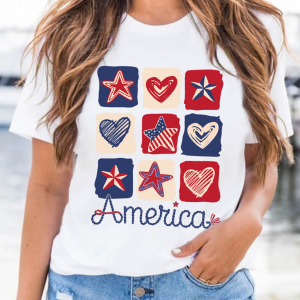 Women's White American Heart Star Checkered Graphic Tee - Casual Summer Style