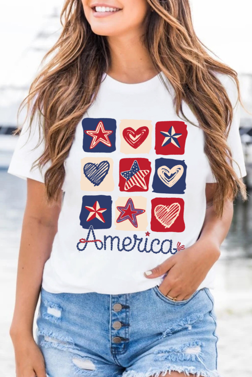 Women's White American Heart Star Checkered Graphic Tee - Casual Summer Style