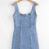 Women's Beau Blue Sleeveless Denim Mini Dress with Zipper Front and Square Neck - Image 9