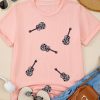 Chic Women's Pink Leopard Guitar Sequin Patch Crew Neck Tee - Image 3