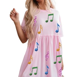 Light Pink Sequined Note Pattern Babydoll T-Shirt Dress for Music Festivals