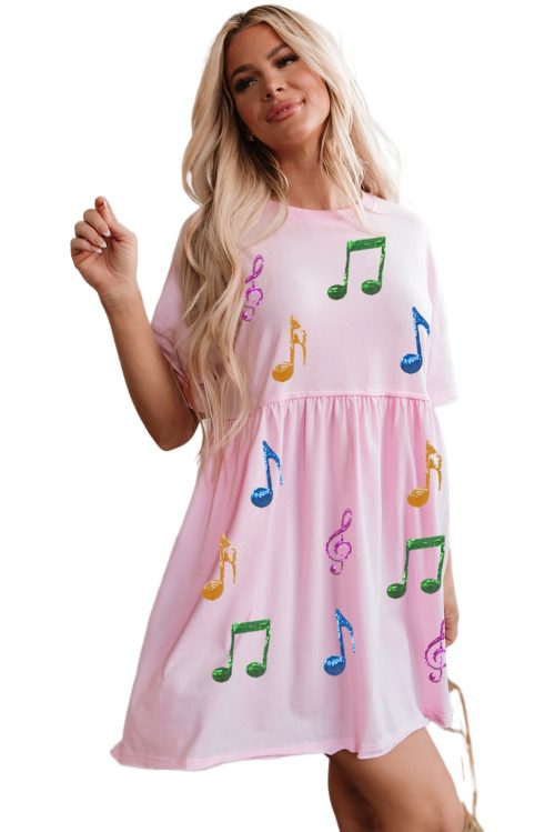 Light Pink Sequined Note Pattern Babydoll T-Shirt Dress for Music Festivals
