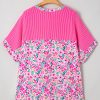 Plus Size Women's Pink Floral Print Corded Patchwork Loose Top - Image 3