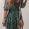 Women's Green Smocked Square Neck Puff Short Sleeve Floral Mini Dress - Image 3