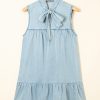 Beau Blue Bowknot Neck Sleeveless Ruffled Chambray Dress - Chic & Playful Summer Style - Image 4