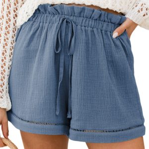 Women's Sail Blue Cotton Gauze Paperbag Shorts with Drawstring