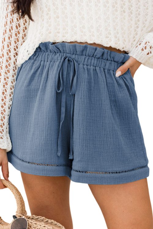 Women's Sail Blue Cotton Gauze Paperbag Shorts with Drawstring