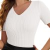 Women's Lightweight White V Neck Ribbed Knit Short Sleeve Sweater - Image 20