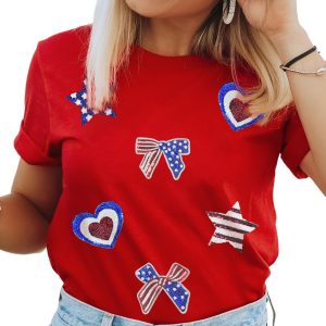 Women's Red American Flag Sequined Graphic Tee - Patriotic Round Neck T-Shirt