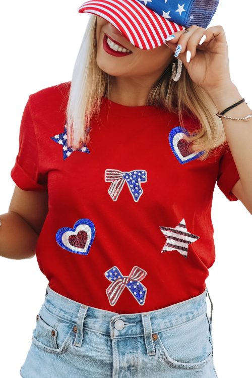 Women's Red American Flag Sequined Graphic Tee - Patriotic Round Neck T-Shirt