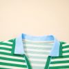 Women's Green Stripe Print Contrast Collar Split Neck Flutter Sleeve Short Dress - Image 7