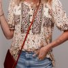 Women's Khaki Boho Floral Print Loose Blouse with Half Placket and Short Sleeves - Image 5