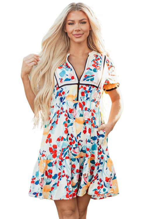 Women's Green Floral Print Zipper Ruffled Short Sleeve High Waist Mini Dress