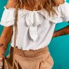 Women's White Off Shoulder Ruffle Knotted Detail Swiss Dot Blouse - Image 5