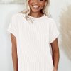Women's White Textured Knit T-Shirt with Exposed Stitching - Image 3