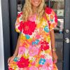 Women's Pink Floral Print Bubble Short Sleeve Dress - Elegant Shift Style for Casual & Semi-Formal Occasions - Image 5