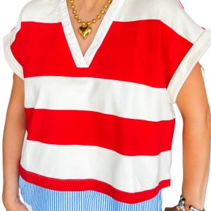 Women's Red Stripe Color Block V Neck Dolman Short Sleeve Top
