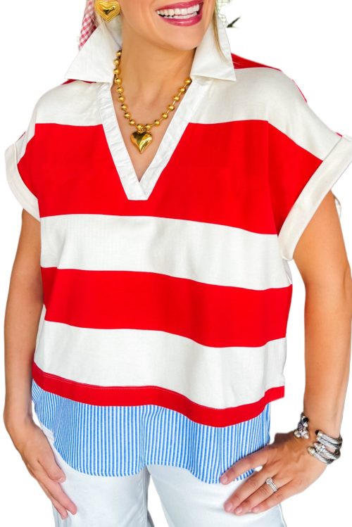 Women's Red Stripe Color Block V Neck Dolman Short Sleeve Top