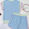 Women's Beau Blue Corded Knit Color Block Round Neck Cap Sleeve 2-Piece Short Set - Image 9