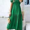 Women's Dark Green Textured Smocked Puff Short Sleeve High Waist Long Dress - Image 6