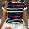 Women's Black Stripe Multicolor Contrast Edge Crew Neck T-Shirt - Image 2