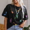Women's Black Oversized Graphic Tee with Guitar Music Notes Patch - Image 7