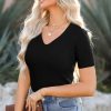 Women's Black V Neck Ribbed Knit Short Sleeve Sweater - Lightweight & Comfortable - Image 10