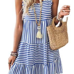 Women's Sky Blue Striped U Neck Sleeveless Mini Dress - Casual Summer Fashion