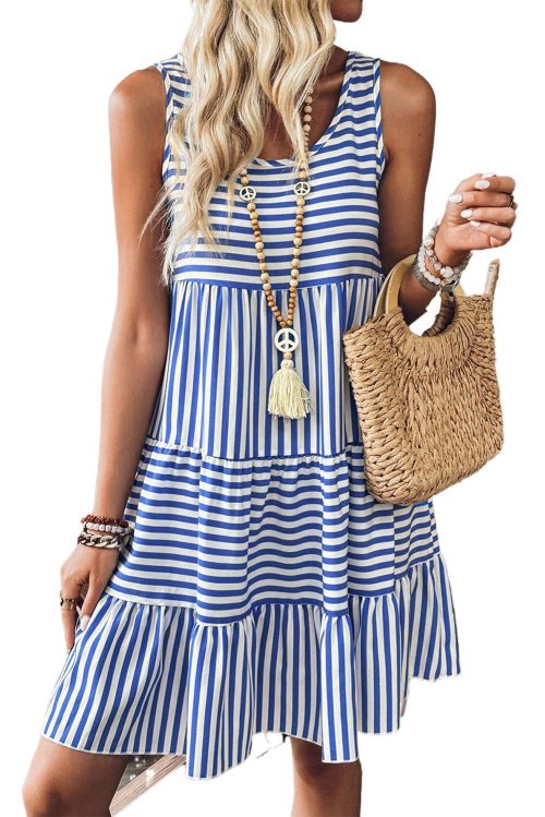Women's Sky Blue Striped U Neck Sleeveless Mini Dress - Casual Summer Fashion