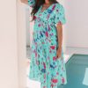 Women's Sky Blue Abstract Print Short Puff Sleeve Tiered Maxi Dress - Image 7