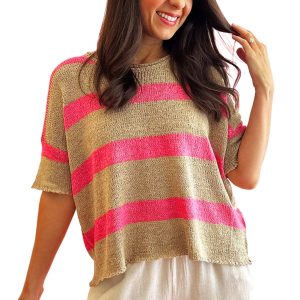 Women's Pink Stripe Colorblock Short Sleeve Lightweight Sweater