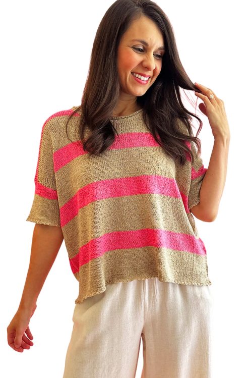 Women's Pink Stripe Colorblock Short Sleeve Lightweight Sweater