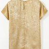 Elegant Gold Glossy Round Neck Blouse with Pleated Detail - Short Sleeve - Image 7
