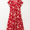 Women's Red Floral Print Midi Dress - Buttoned Front V Neck with Tiered Short Sleeves - Image 10
