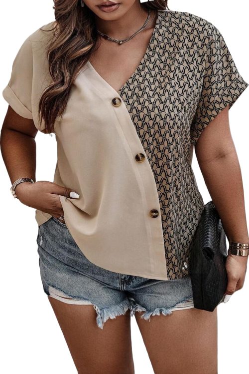 Chic Oatmeal Contrast Geometric Print Patchwork V Neck Short Sleeve Plus Size Top