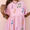 Light Pink Sequined Note Pattern Babydoll T-Shirt Dress for Music Festivals - Image 3