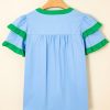 Women's Mist Blue Contrast Notched Neck Blouse with Frilly Detail and Short Sleeves - Image 6