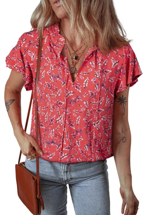 Women's Red Floral Crinkled Blouse with Tie Split Neck and Short Flounce Sleeves